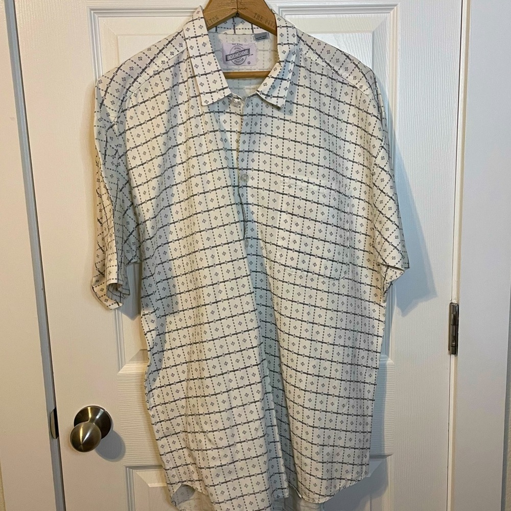 VTG Bon Homme short sleeve white button down shirt w/ black grid-like pattern XL